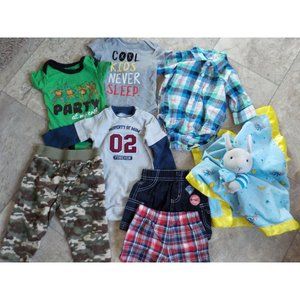 Lot of 8 Infant Boy's Cute Shorts 1 Pc Bodysuits Camo Pants Bunny Blanket (3 mo)
